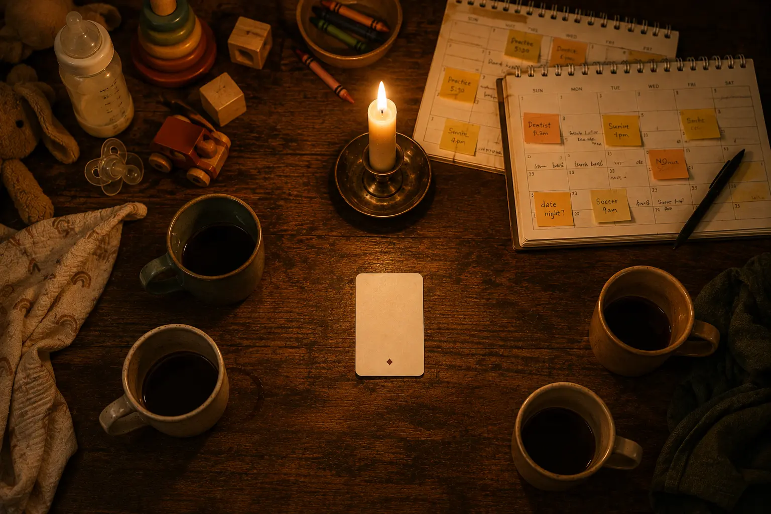 Overhead view of a wooden table by candlelight covered in toddler toys, a baby bottle, four coffee mugs and a marked-up wall calendar around one blank date night card