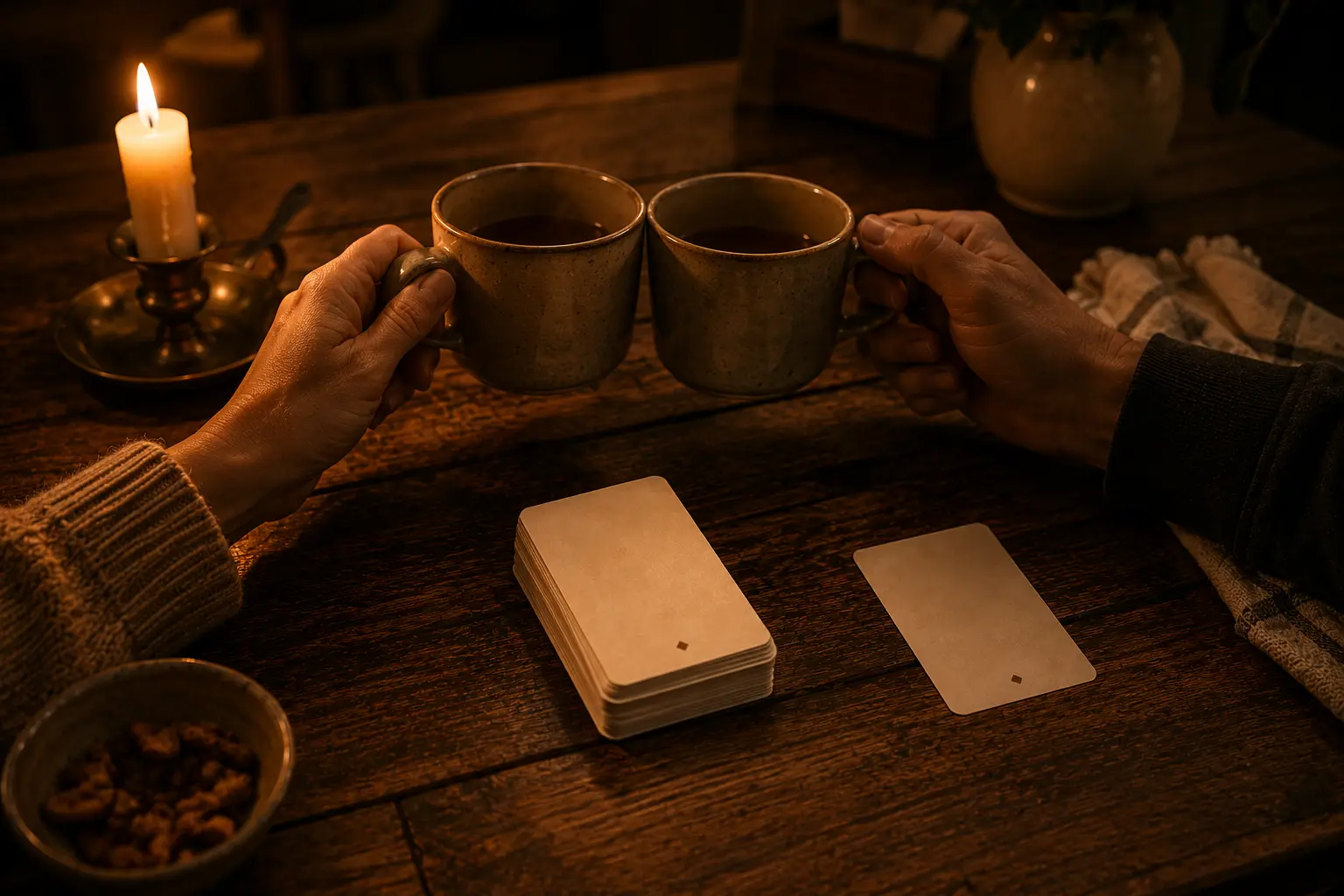 Two hands lifting mugs of tea over a candlelit table with a stack of date night cards and one card drawn face down