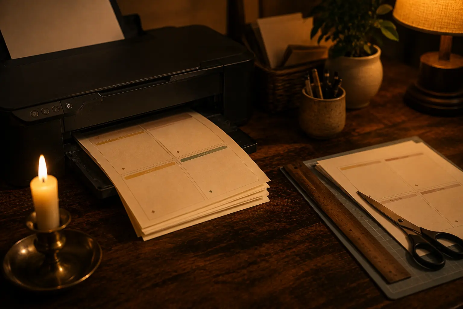 A home printer by candlelight pushing out a sheet of date night cards with coloured level bands, next to a cutting mat and scissors