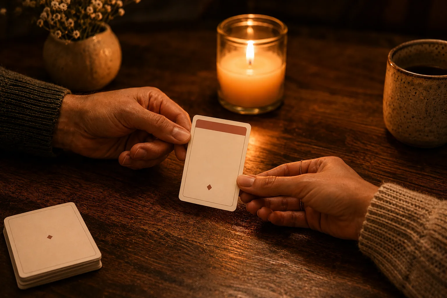 Two hands passing a date night card across the table by candlelight