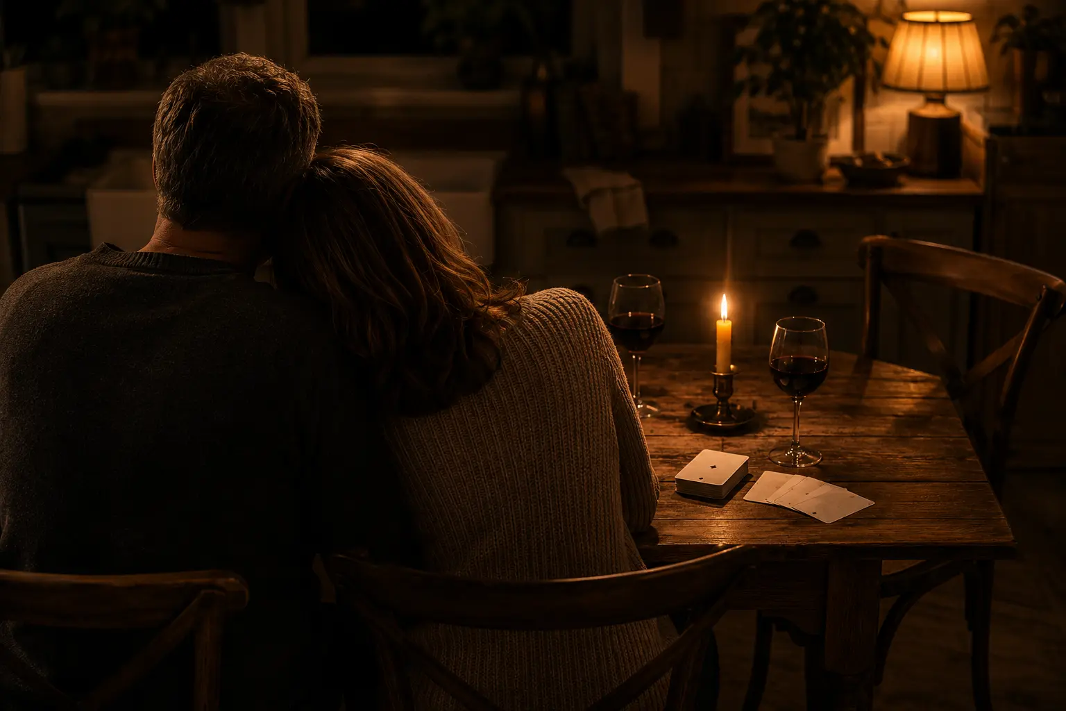An older couple seen from behind, leaning together at a candlelit kitchen table with two glasses of red wine and a small deck of date night cards