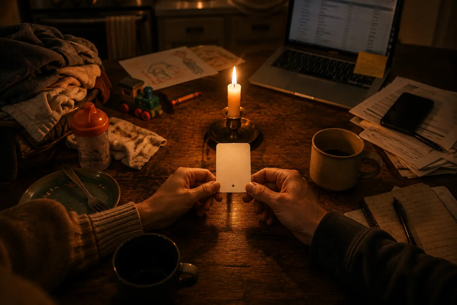 Hands holding a single blank date night card by candlelight on a kitchen table crowded with laundry, toddler toys, a sippy cup and an open laptop
