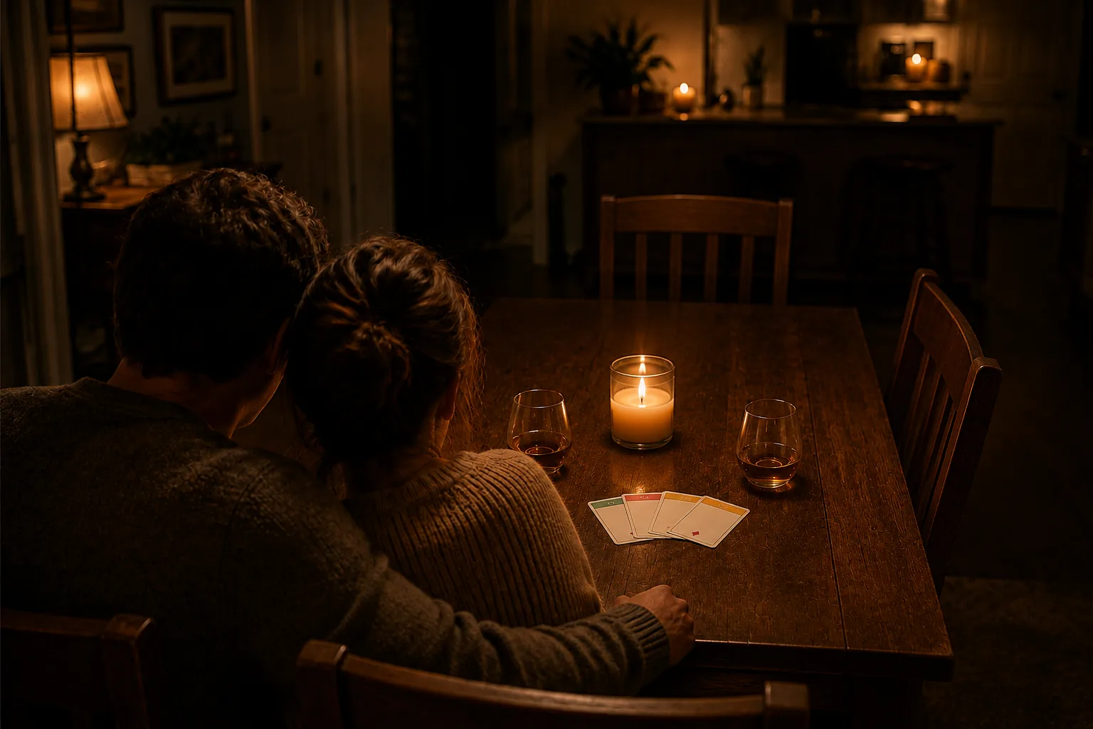 A couple sitting close at a candlelit table with a fan of date night cards
