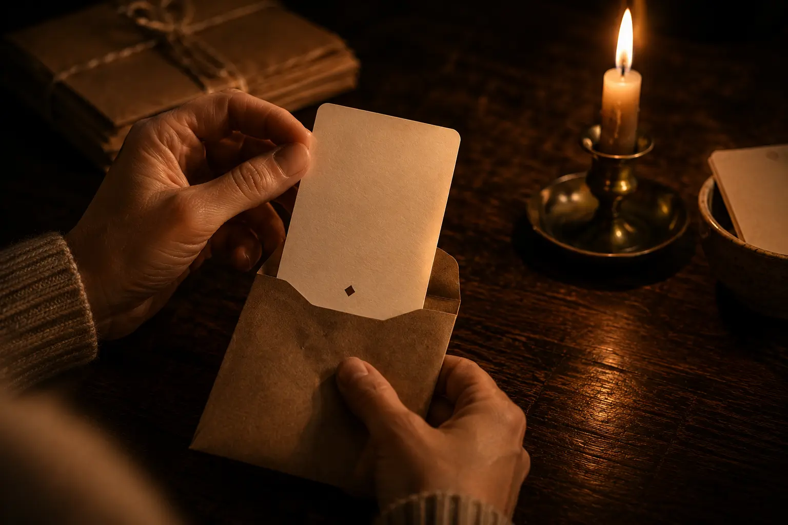 Hands sliding a cream Deep Cuts card out of a kraft paper envelope next to a lit candle on a dark wooden table