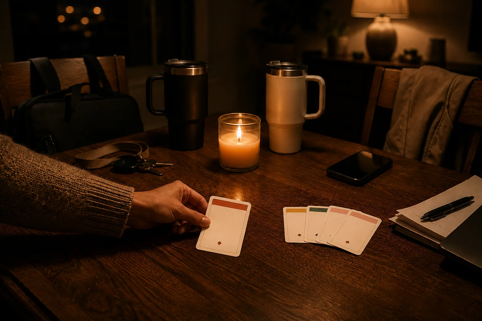 A hand reaching for a single date night card on a candlelit handoff table beside two travel mugs, a set of keys and a work bag