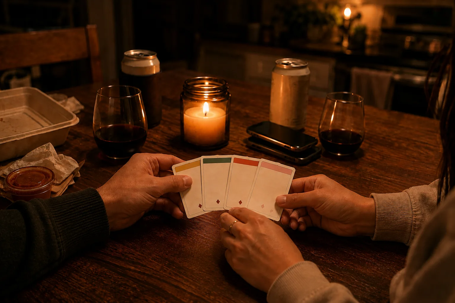 A couple fanning out date night cards over takeout by candlelight