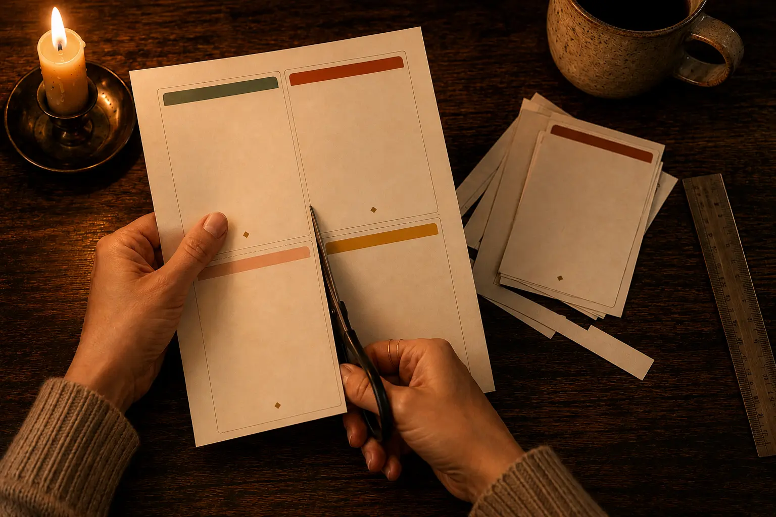 Hands cutting a printed sheet into individual date night cards with scissors, a finished stack of cards beside a mug of coffee
